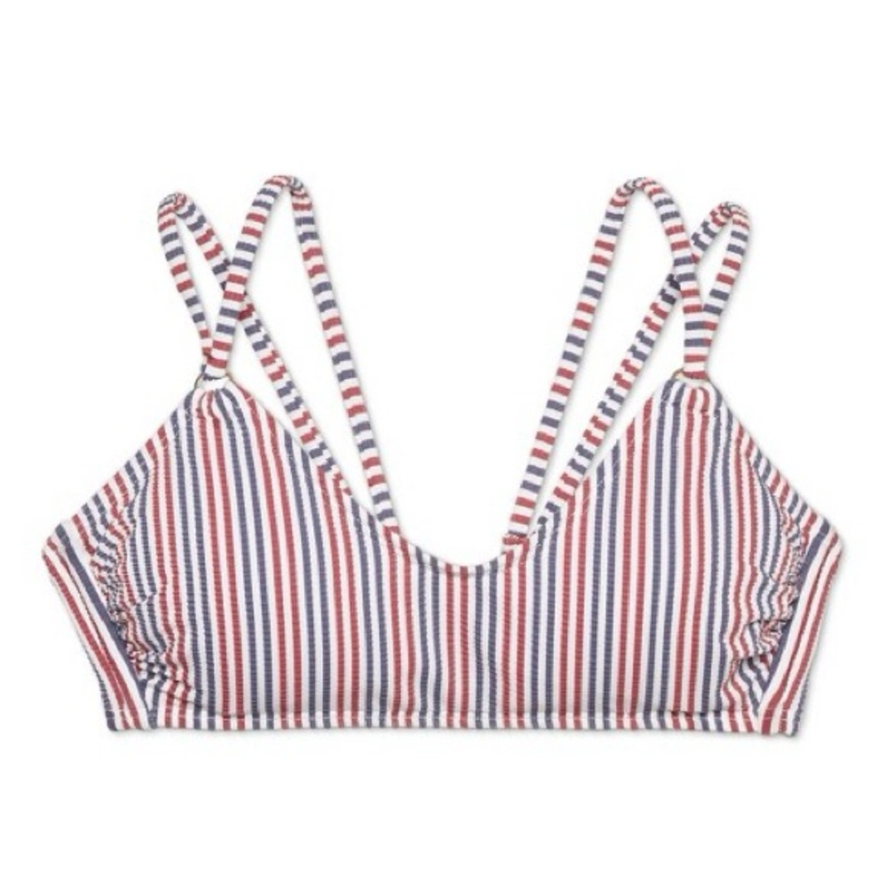Women’s Seersucker Strappy Bralette Bikini Top Blue & Red Stripe Large Patriotic